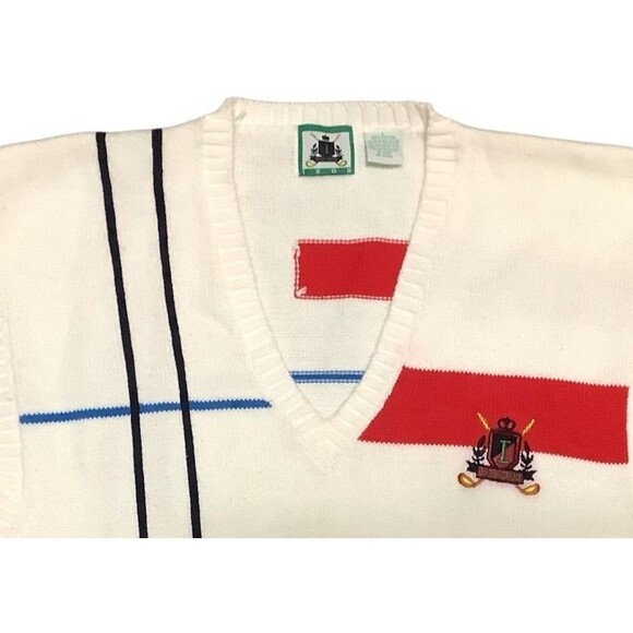 Vintage Izod V Neck Golf Sweater Vest Men's Large Red White & Blue Color Block - Picture 2 of 5